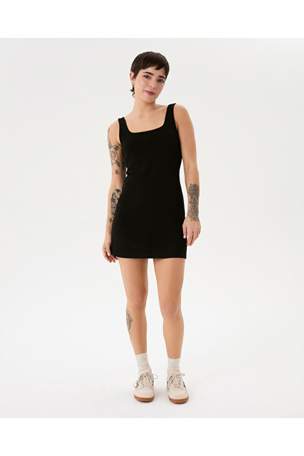 Siyah Ecovero™ Viskoz Sırt Dekolteli Basic Low Back Elbise - 6