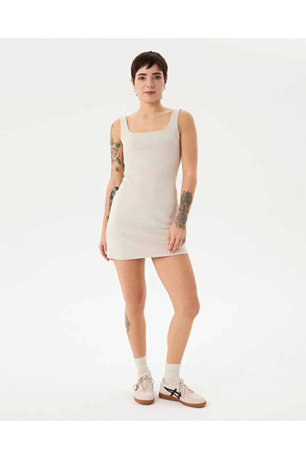 Krema Ecovero™ Viskoz Sırt Dekolteli Basic Low Back Elbise - 7