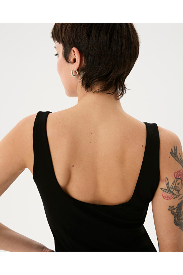 Siyah Ecovero™ Viskoz Sırt Dekolteli Basic Low Back Elbise - 3