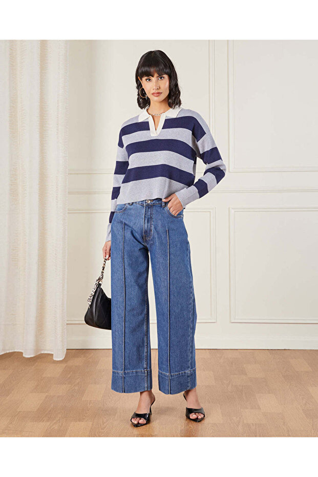 Women Navy Collared Pullover - 2