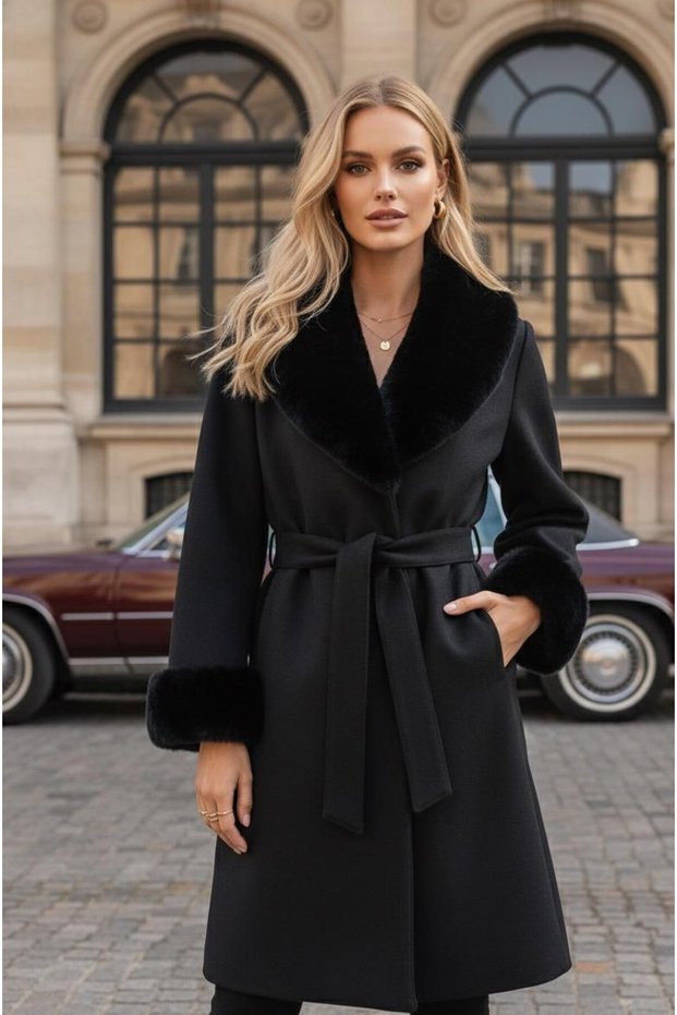 Fur-Detail Women's Cardigan with Belt