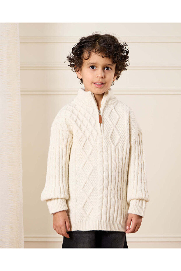 Boys White Half Zipper Cable Knit Jumper
