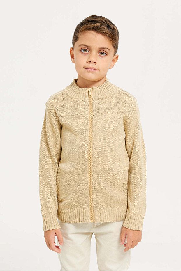 Boys Beige Solid Sweater - 1