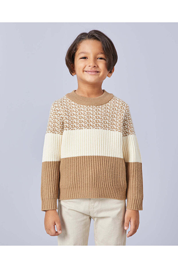 Boys Beige Striped Pull Over - 1