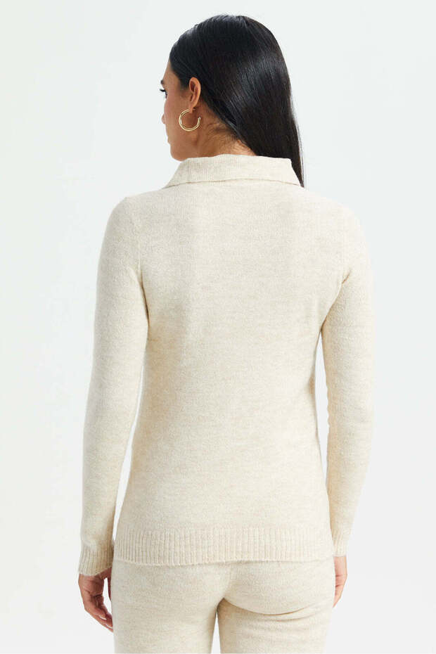 Women Beige Collared Pullover - 3