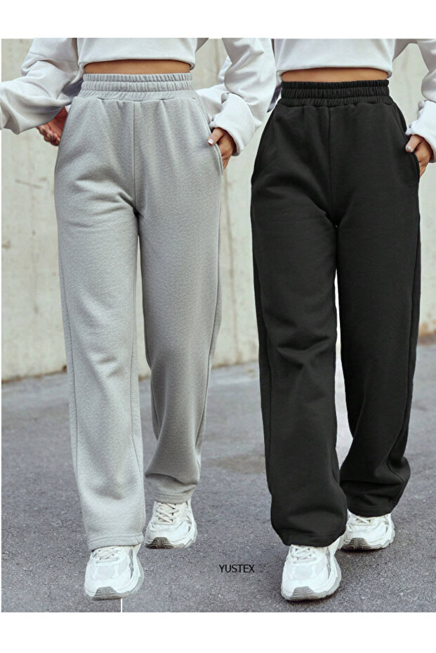 Winter Combination 2-Piece Tracksuit Set (Black-Grey) Baggy Wide-Leg Sweatpants with Cotton Lining Soft Fabric