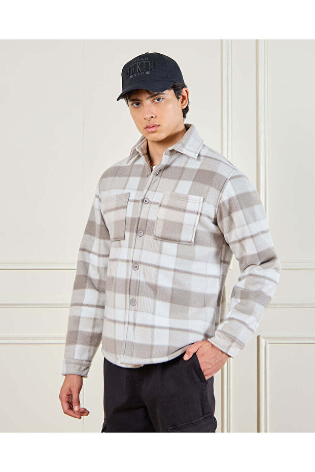 Men Beige Check Shacket With Sherpa Linning