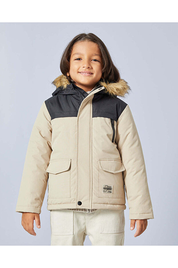Boys Beige Color Block Hooded Parka Jacket