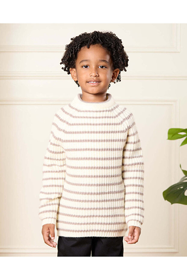 Boys Brown And White Striped Pullover