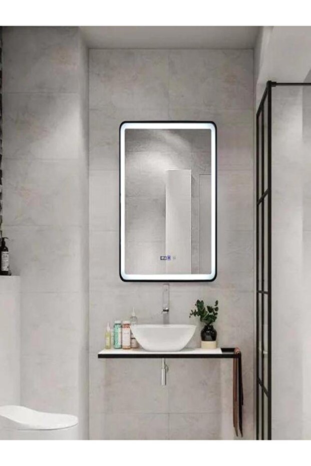 LED & Touch Mirror, 75 X 90 Cm, Defogger Function And Clock, Matte Black Frame, - 1