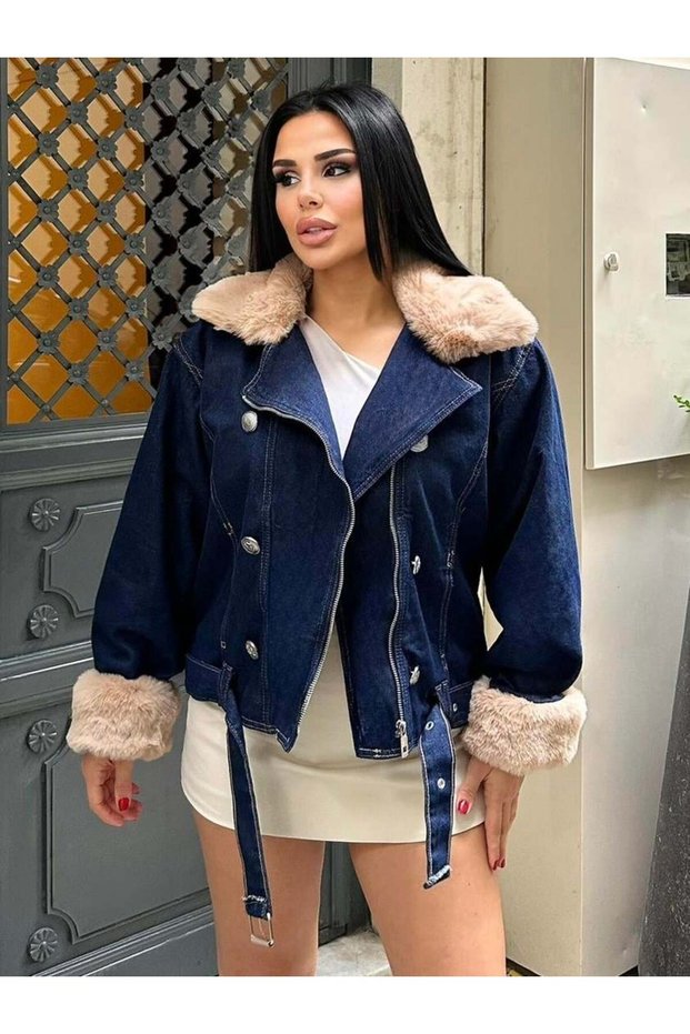 Sagi̇ Women's Cuff & Collar Fur Detailed Metal Button Cross Zipper Inside Fully Fur-Lined Denim Coat