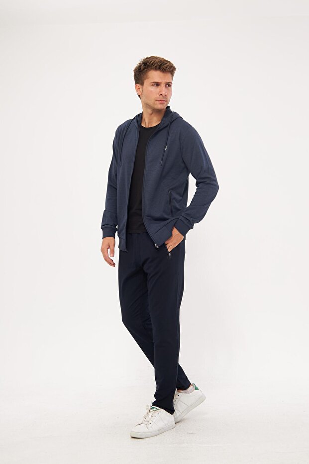 Men's Cotton Full Zip Hooded Tracksuit Set Indigo 5296-I