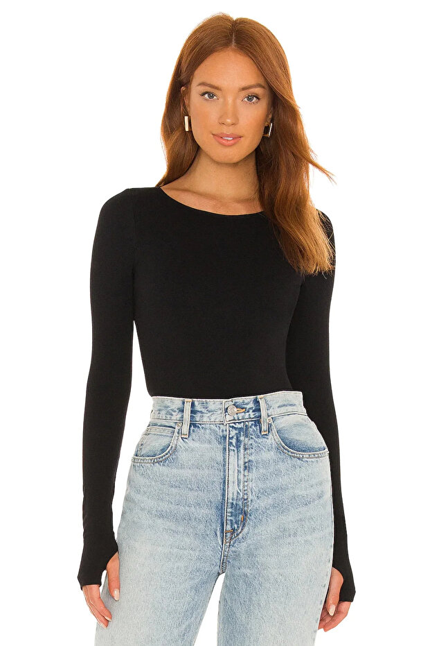 Women's Black Boat Neck Long Sleeve Fingerless Backless Silk Jersey Gathering Bodysuit