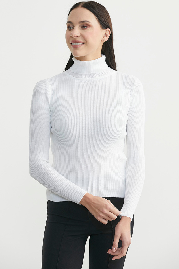 Tam Balıkçı Fitilli Basic Triko Kazak - Beyaz - 2