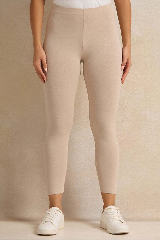 Women Beige Plain Leggings Set (Pack Of 2)