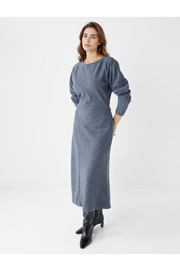 Antrasit Kayık Yaka Yarasa Kol Yumuşak Dokulu Midi Elbise - 2