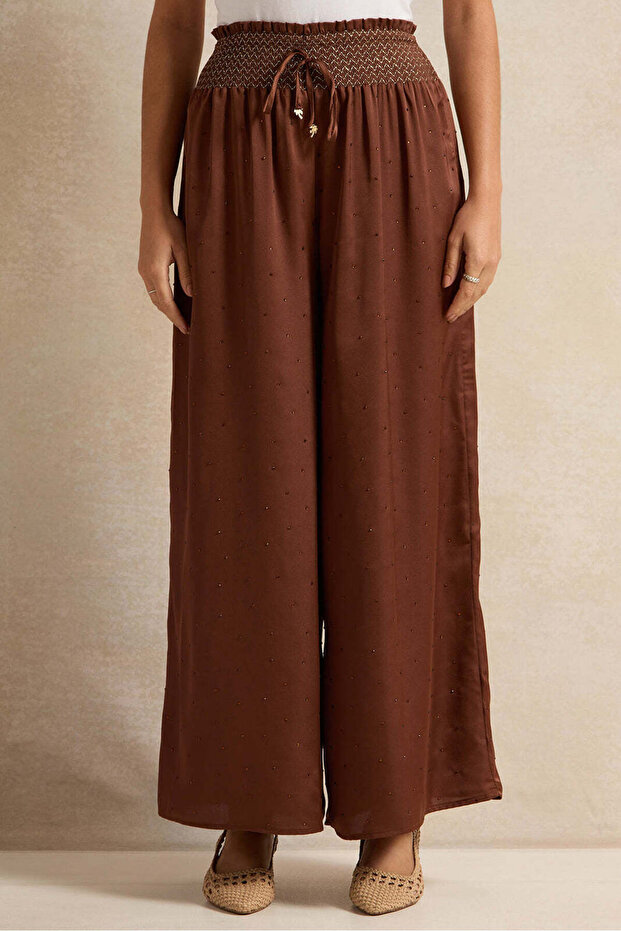 Women Brown Ruched Waist Flared Trouser