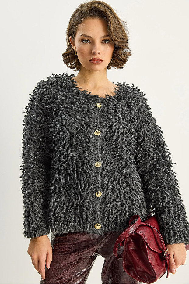 Women's Anthracite Oversize Fringed Knitwear Cardigan 9062 60283750