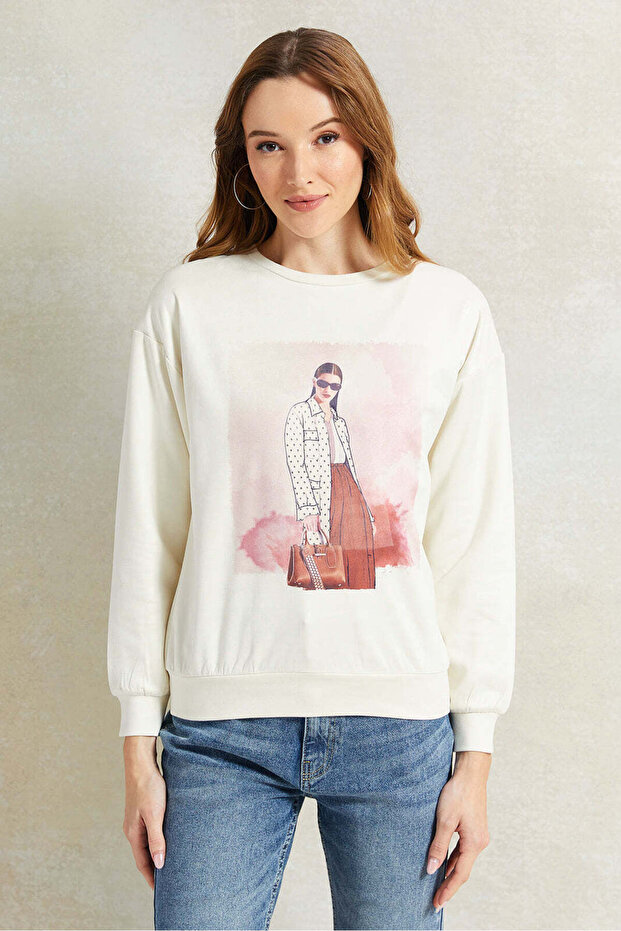 Women Cream Printed Sweatshirt