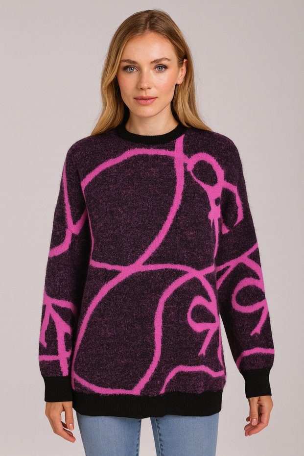 Minoralady Ribbon Stripe Pattern Oversized Bearded Soft Textured Knitwear Sweater Fuchsia