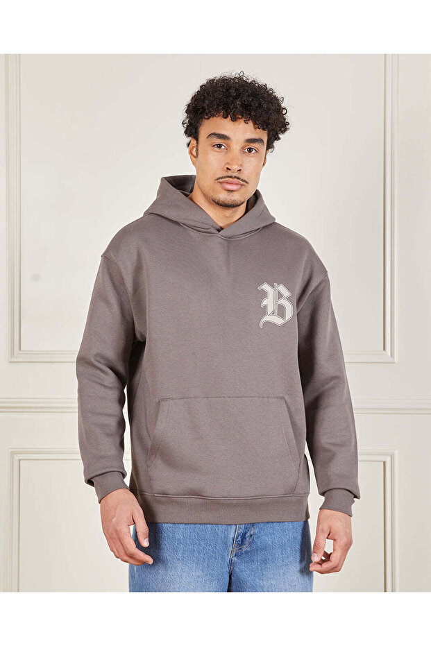 Men Charcoal Front & Back Print Hooded Sweatshirt
