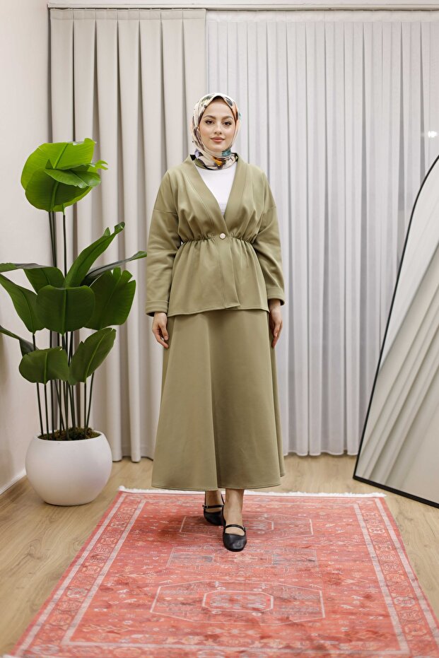 Drawstring Waist, Button Detail on the Front, Skirted Hijab Suit - 2