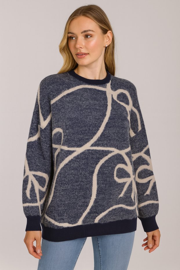 Minoralady Ribbon Stripe Pattern Oversized Bearded Soft Textured Knitwear Sweater Laci̇