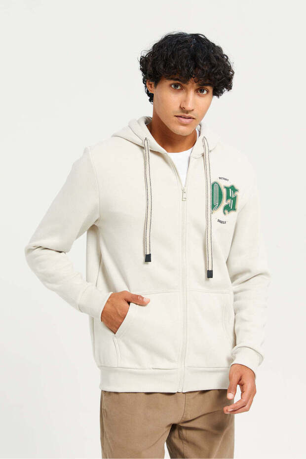Men Beige Hooded Printed Zip-Through Sweatshirt