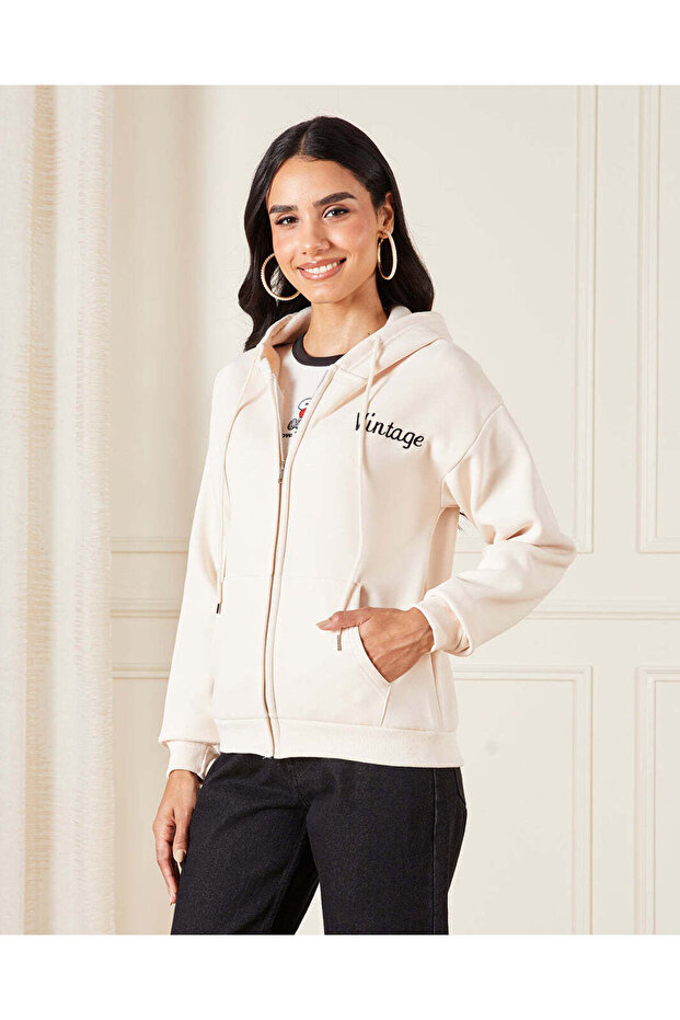 Women Beige Hooded Sweatshirt