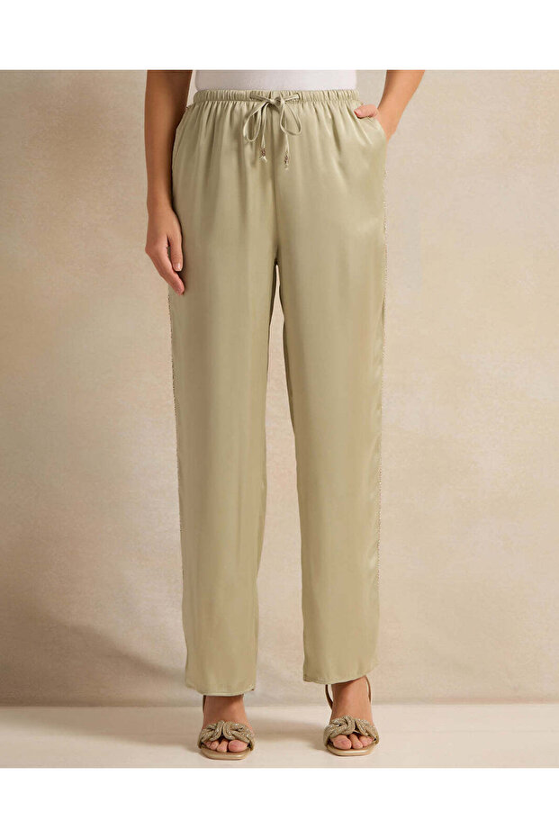 Women Green Side Seam Embellished Satin Trousers