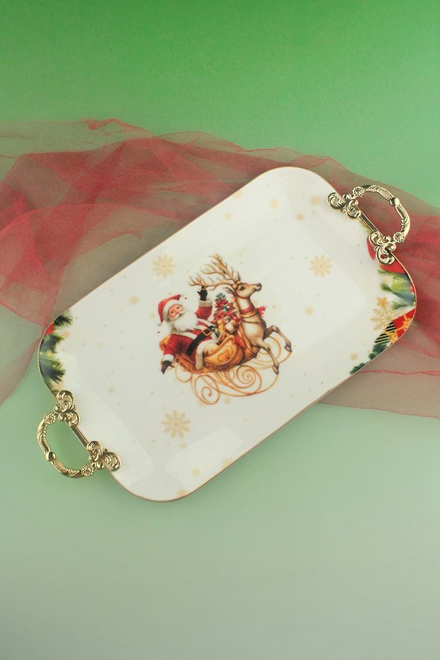 Christmas Reindeer Gold Metal Handle Porcelain Tray
