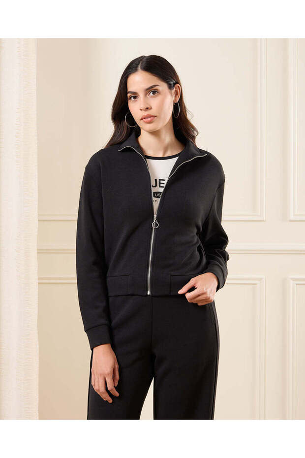 Women Black Zip Through Sweatshirt