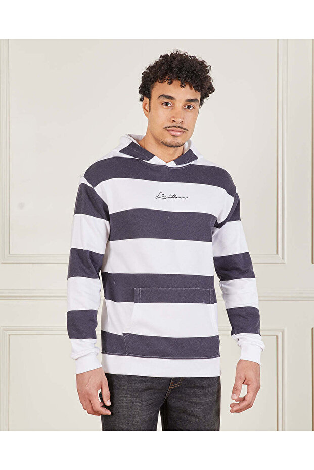 Men Navy And White Striped Hooded Sweatshirt