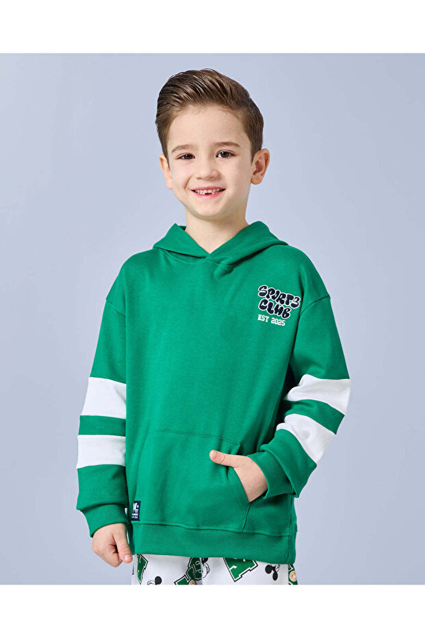 Boys Green Embroidered With Kangaroo Pocket Sweatshirt