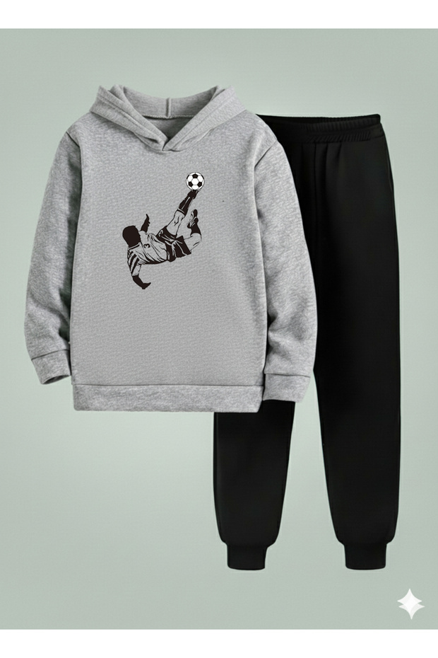 Children Hooded Football Player Printed 3 Thread Ş Fleece-Lined Sweatshirt Tracksuit Set Thick Winter Sports Combination