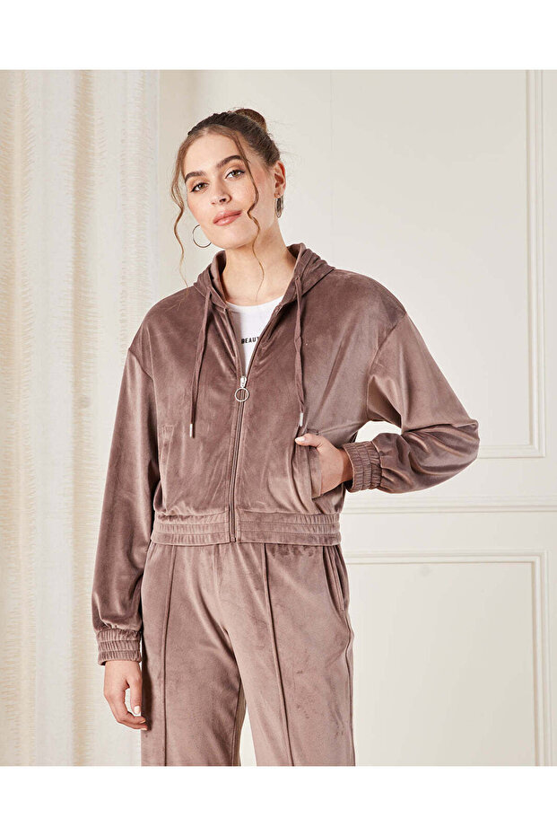 Women Brown Zip thru Hooded Velour Active Sweatshirt