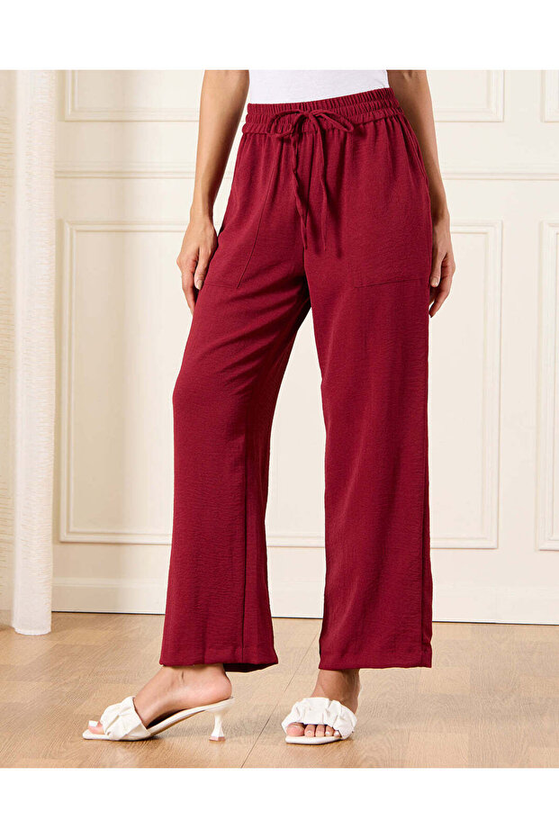 Women Burgundy Wide Leg Pull On Trousers