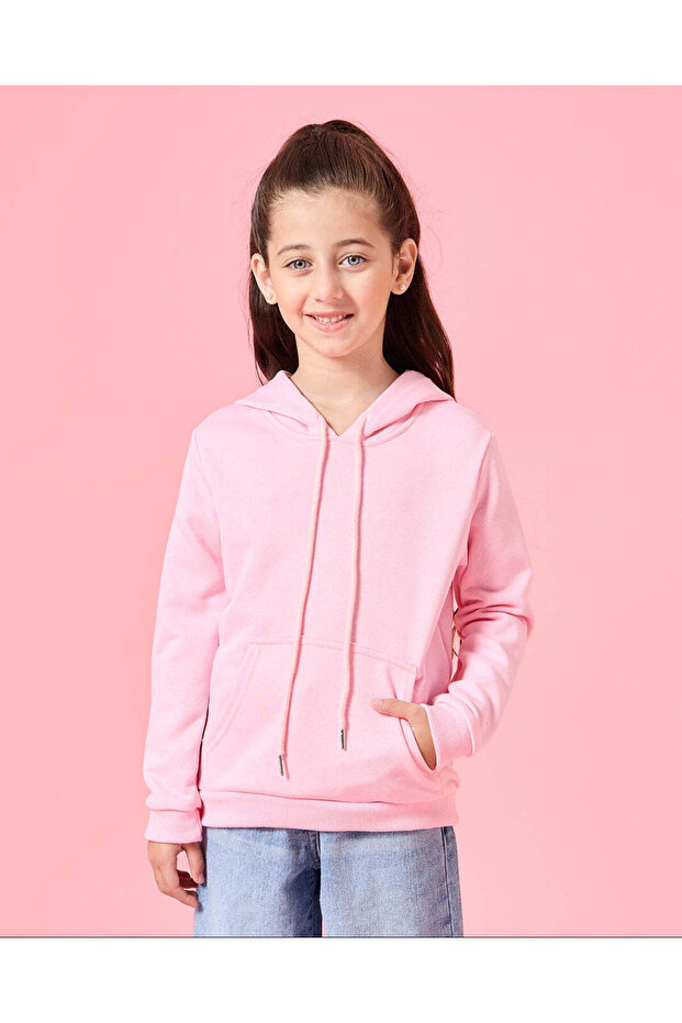Girls Pink Printed Hooded Sweatshirt