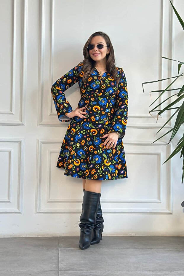 Asymmetrical Sleeve Dress with Button Detail on the Front
