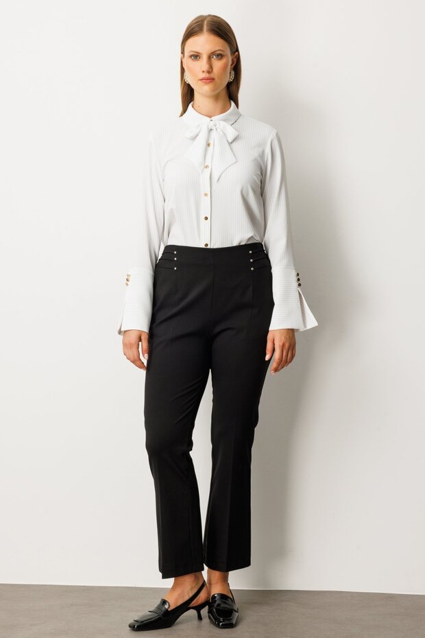 Elastic Waist Beaded Detail Trousers Black 1085-26K