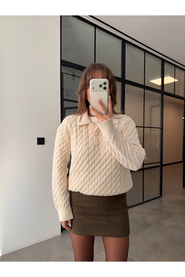 Hair Braided Polo Neck Cream Sweater