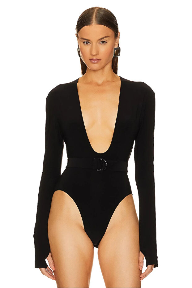 Women's Black Deep U Neck Long Sleeve Finger-Loop Sandy Fabric Basic Bodysuit