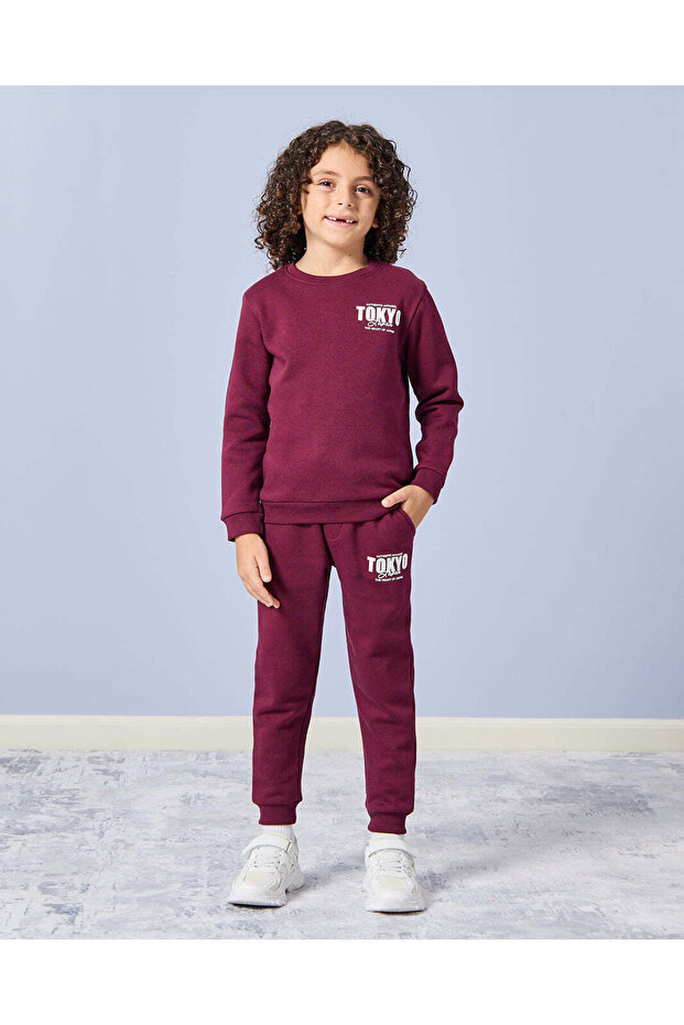 Boys Burgundy Printed Casual Jogger Set (2 Piece)