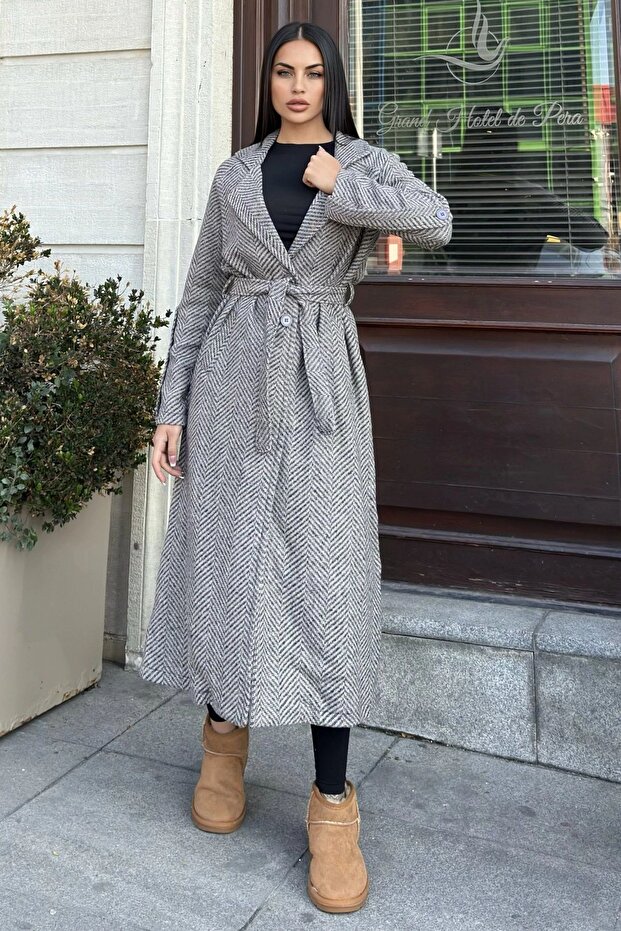 Women's Unlined Epaulet Detailed Long Herringbone Pattern Coat New700-3680
