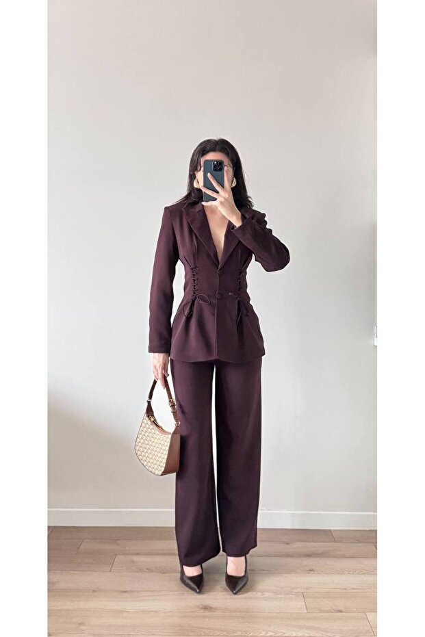 Women's Brown Waist and Back Corset Jacket Pants Set