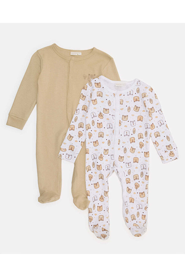 Baby Beige And White Printed Sleepsuit Set (Pack Of 2)