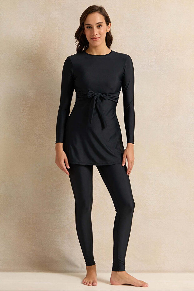 Women Black Tie Front Burkini Set (2 Piece)
