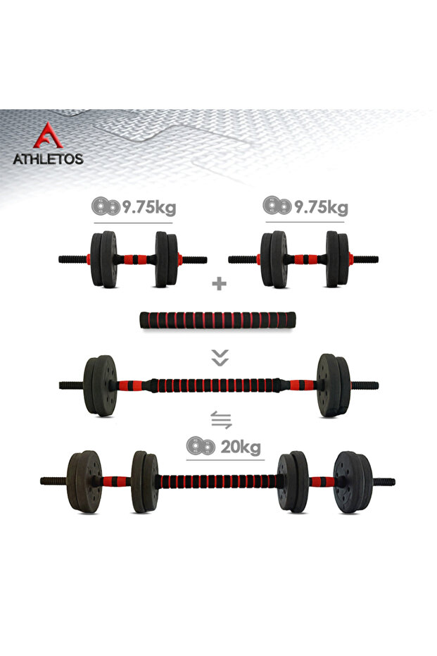Set of 2 adjustable dumbbells, 20 kg, (4x3, 2x2.5, 2x1.25Kg), connector bar , Red/Black - 7