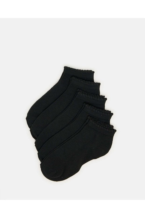 Senior Girls Black Low Ankle Socks With Scallop Welt Edge (5 Pairs)