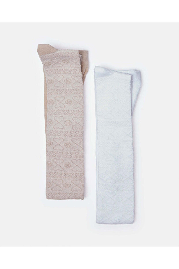 Girls Blue And Brown Printed Tights Set (Pack of 2)